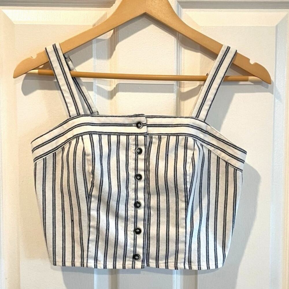 Ivy & Main Cotton Linen Cropped Tank Top Smocked Back Blue Stripe Size Medium
